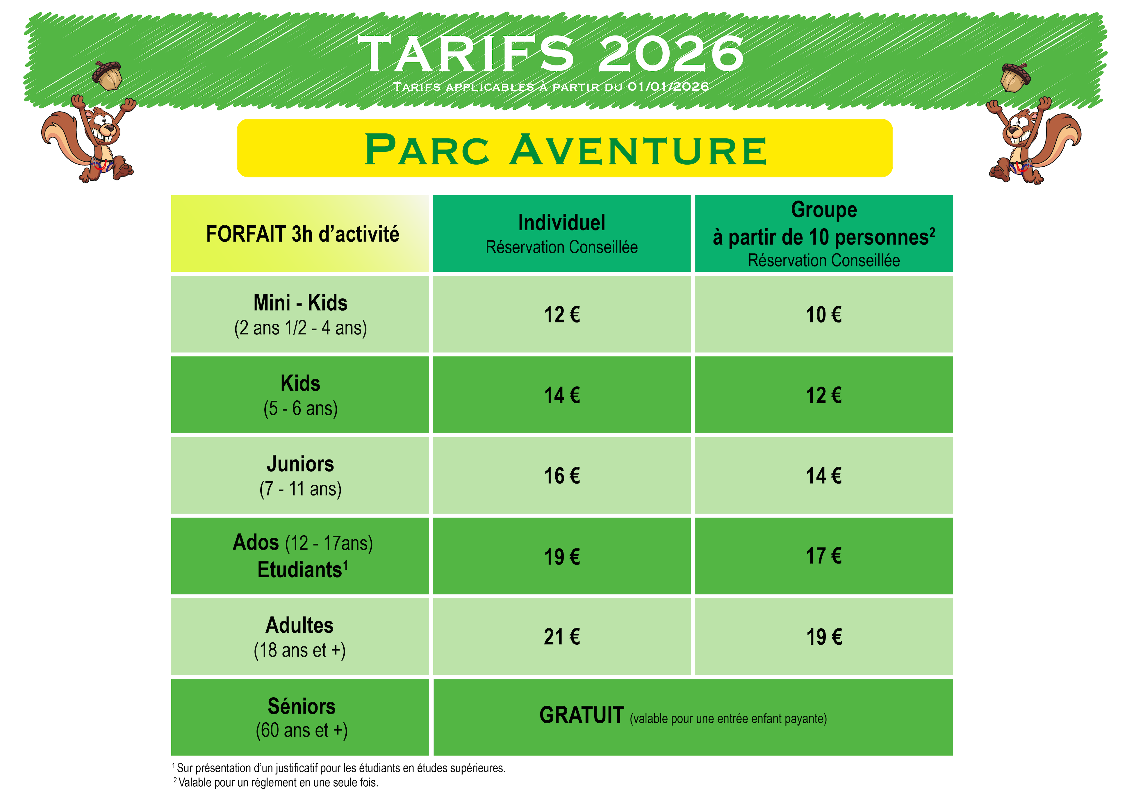 Tarifs parc Accro Passion