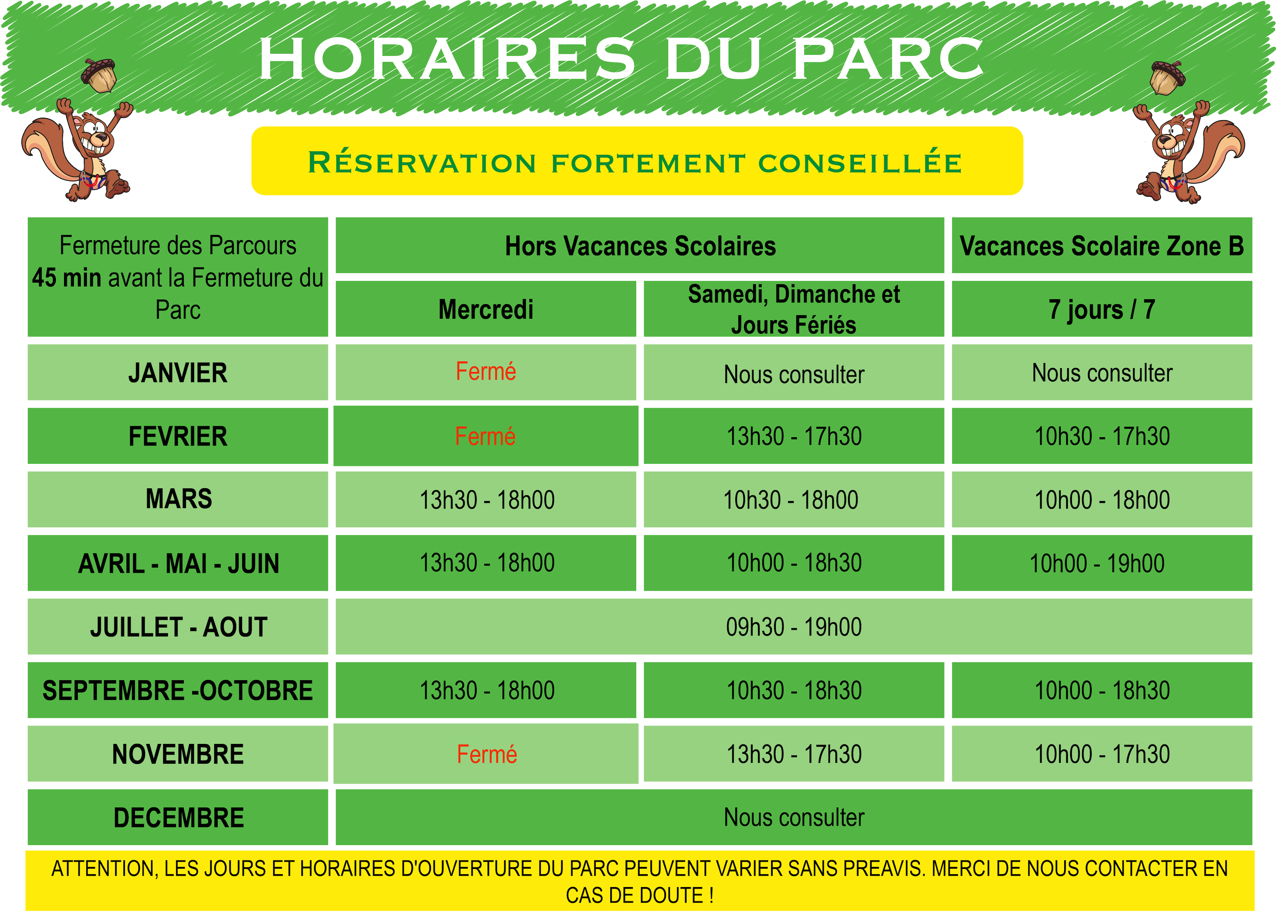 Horaires du Parc Accro Passion